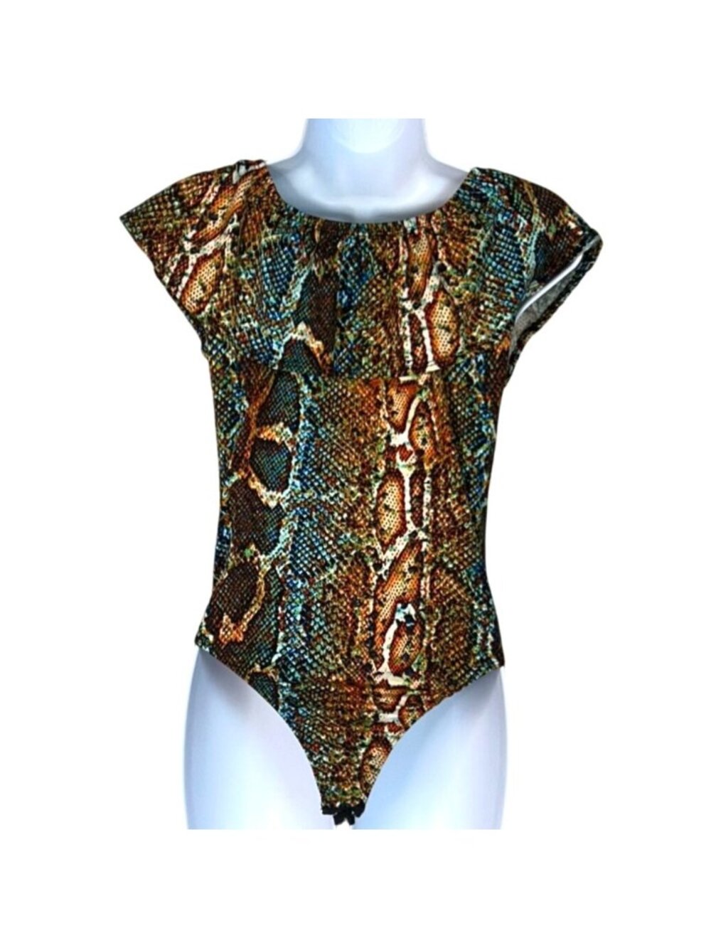 Discreet Snakeskin Print Flounce Off Shoulder Boho Summer Festival Bodysuit M